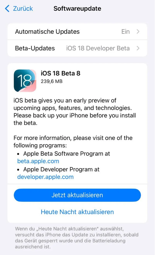 徽县苹果手机维修分享苹果 iOS / iPadOS 18 开发者预览版 Beta 8 发布 